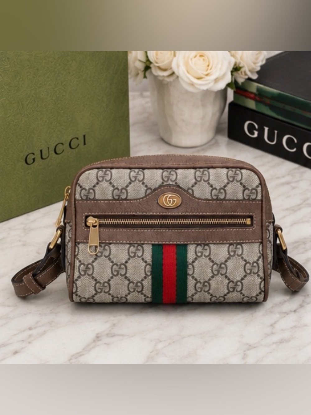 Gucci Ophidia Small GG Supreme Camera Crossbody Bag Web Stripe Brown